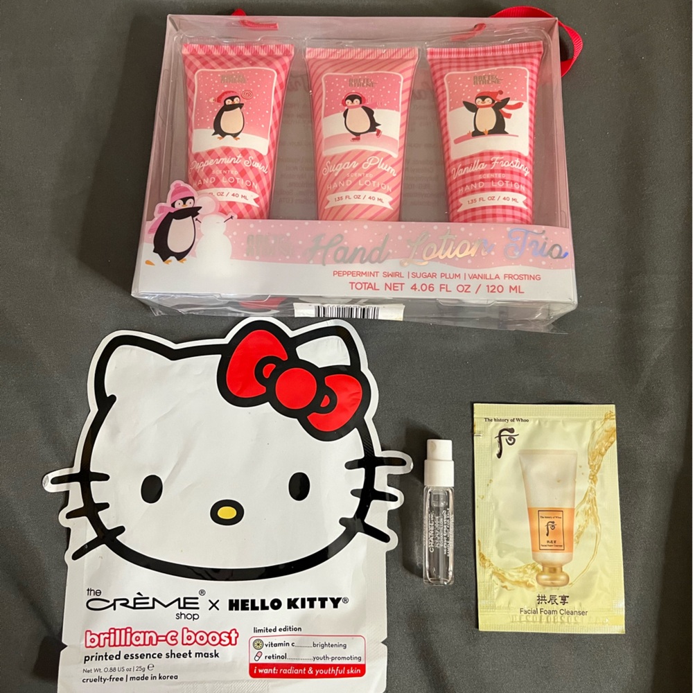 Hello Kitty Face Mask, Chanel and K-Beauty hand lotion cream